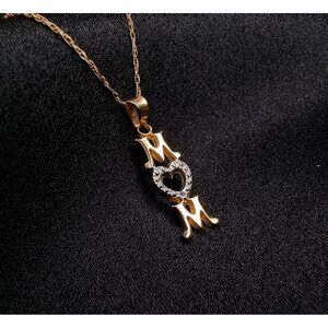 10K Solid Gold MOM Necklace With Heart Pendant & CZ Accents On Dainty Chain